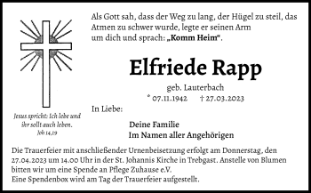 Anzeige von Elfriede Rapp von Nordbayerischer Kurier