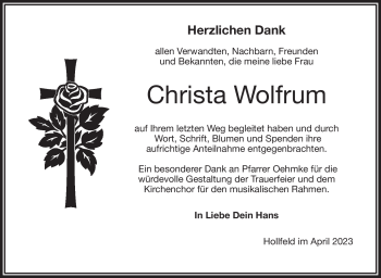 Anzeige von Christa Wolfrum von Nordbayerischer Kurier