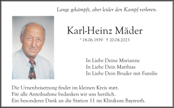 Anzeige von Karl-Heinz Mäder von Nordbayerischer Kurier
