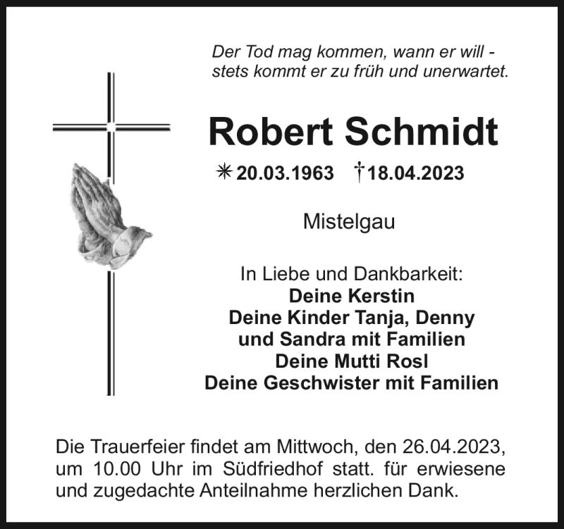  Traueranzeige für Robert Schmidt vom 22.04.2023 aus Nordbayerischer Kurier