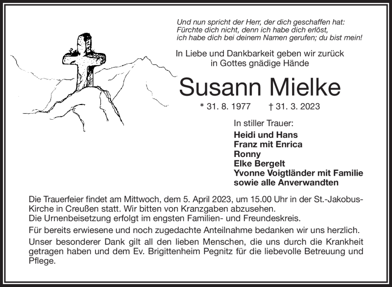  Traueranzeige für Susann Mielke vom 04.04.2023 aus Nordbayerischer Kurier