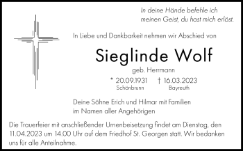 Anzeige von Sieglinde Wolf von Nordbayerischer Kurier