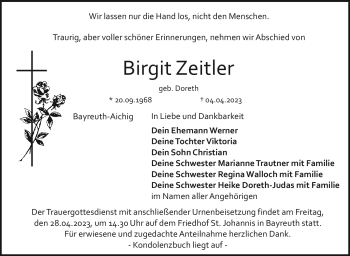 Anzeige von Birgit Zeitler von Nordbayerischer Kurier