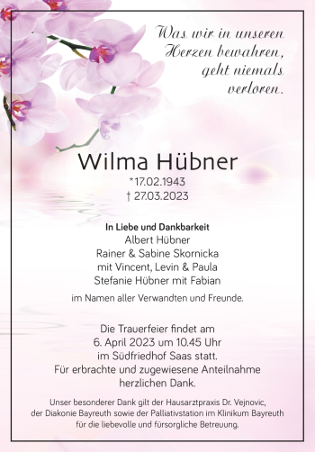 Anzeige von Wilma Hübner von Nordbayerischer Kurier