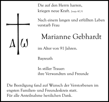 Anzeige von Marianne Gebhardt von Nordbayerischer Kurier