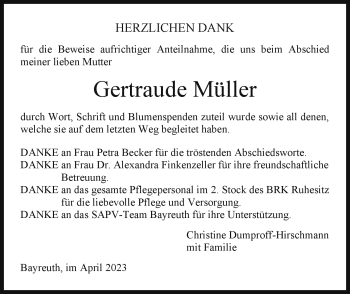 Anzeige von Gertraude Müller von Nordbayerischer Kurier