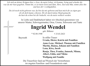 Anzeige von Ingrid Wendel von Nordbayerischer Kurier