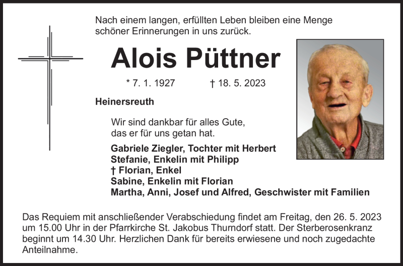  Traueranzeige für Alois Püttner vom 23.05.2023 aus Nordbayerischer Kurier
