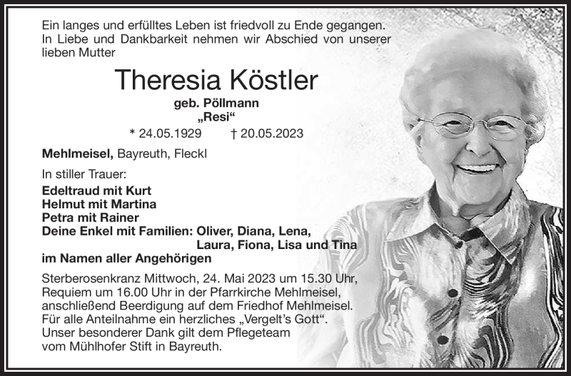  Traueranzeige für Theresia Köstler vom 23.05.2023 aus Nordbayerischer Kurier