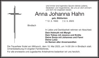 Anzeige von Johanna Hahn von Nordbayerischer Kurier