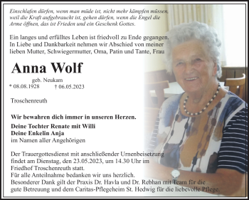 Anzeige von Anna Wolf von Nordbayerischer Kurier