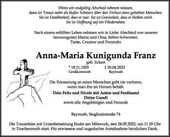 Anzeige von Anna-Maria Kunigunda Franz von Nordbayerischer Kurier