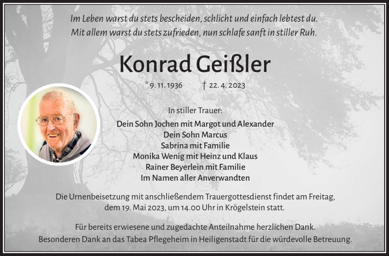  Traueranzeige für Konrad Geißler vom 13.05.2023 aus Nordbayerischer Kurier