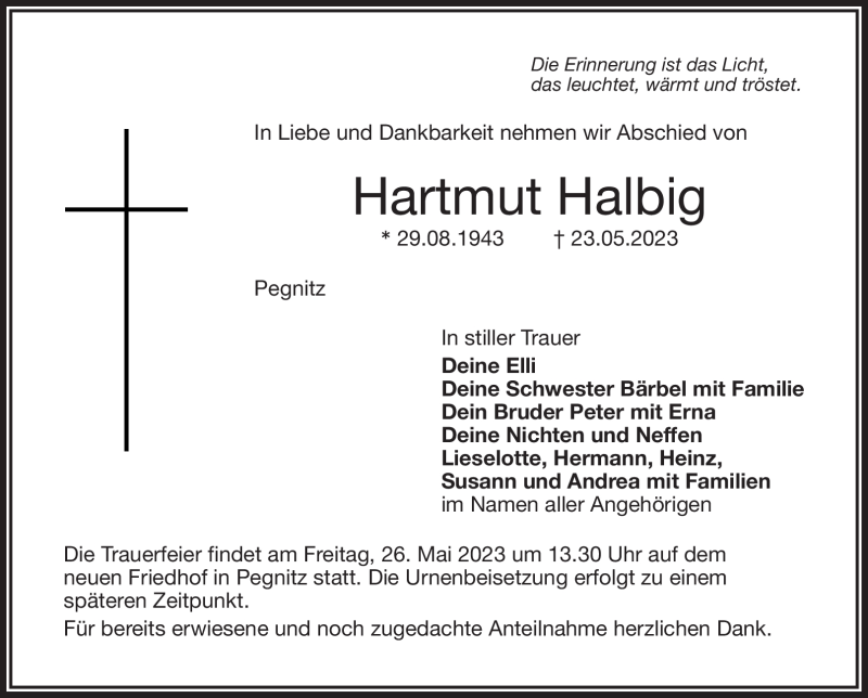  Traueranzeige für Hartmut Halbig vom 25.05.2023 aus Nordbayerischer Kurier