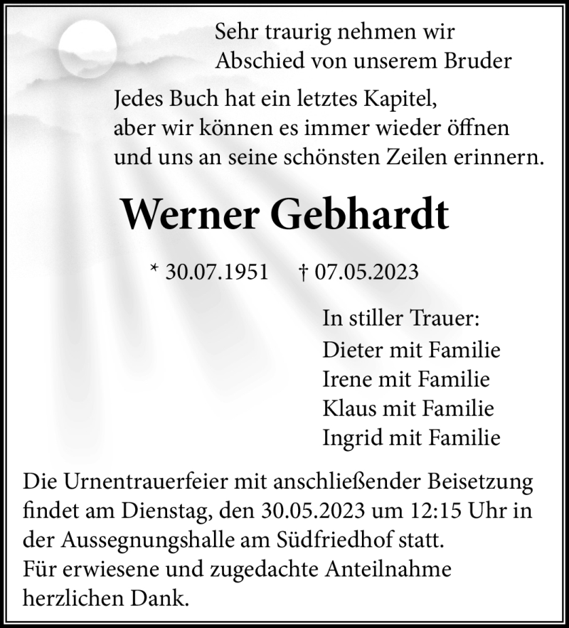  Traueranzeige für Werner Gebhardt vom 26.05.2023 aus Nordbayerischer Kurier