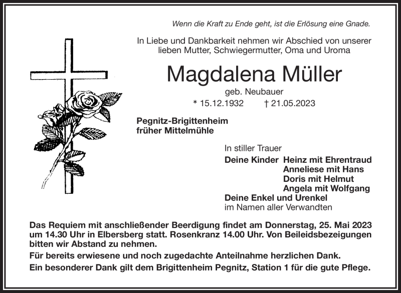  Traueranzeige für Magdalena Müller vom 24.05.2023 aus Nordbayerischer Kurier