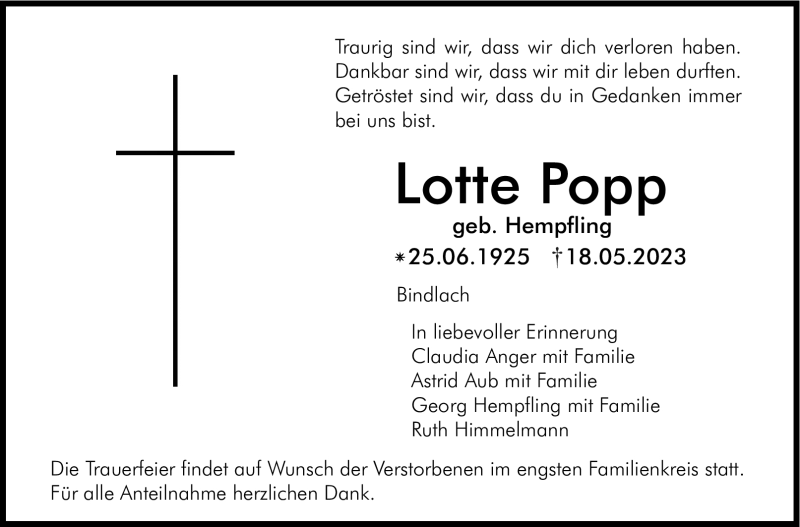  Traueranzeige für Lotte Popp vom 24.05.2023 aus Nordbayerischer Kurier