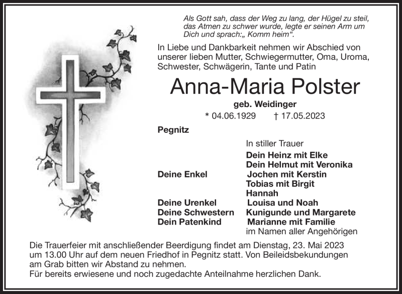  Traueranzeige für Anna-Maria Polster vom 20.05.2023 aus Nordbayerischer Kurier
