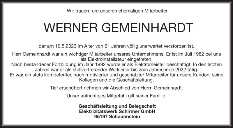  Traueranzeige für Werner Gemeinhardt vom 26.05.2023 aus Nordbayerischer Kurier