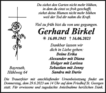 Anzeige von Gerhard Birkel von Nordbayerischer Kurier