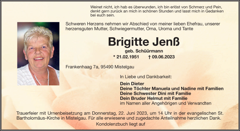  Traueranzeige für Brigitte Jenß vom 17.06.2023 aus Nordbayerischer Kurier
