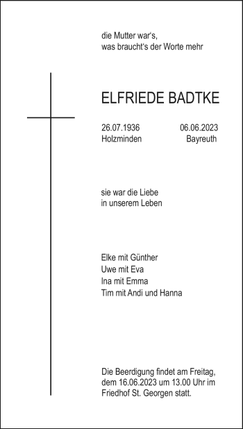 Anzeige von Elfriede Badtke von Nordbayerischer Kurier