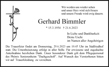 Anzeige von Gerhard Bimmler von Nordbayerischer Kurier