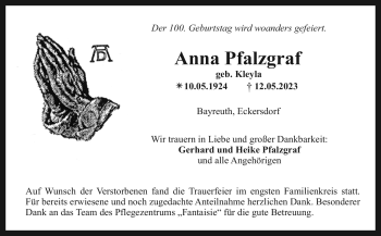 Anzeige von Anna Pfalzgraf von Nordbayerischer Kurier