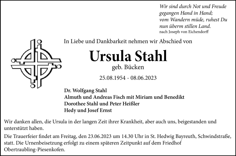  Traueranzeige für Ursula Stahl vom 16.06.2023 aus Nordbayerischer Kurier