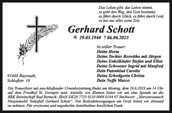 Anzeige von Gerhard Schott von Nordbayerischer Kurier