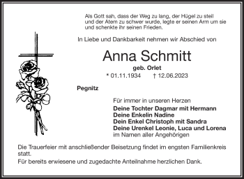 Anzeige von Anna Schmitt von Nordbayerischer Kurier