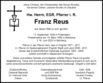 Anzeige von Franz Reus von Nordbayerischer Kurier