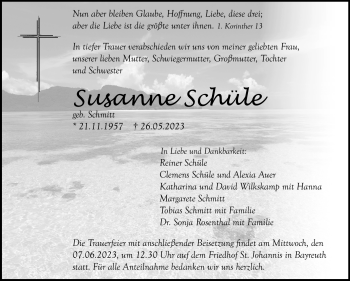 Anzeige von Susanne Schüle von Nordbayerischer Kurier