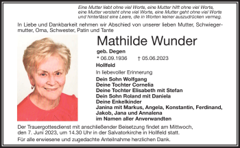 Anzeige von Mathilde Wunder von Nordbayerischer Kurier