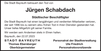 Anzeige von Jürgen Schabdach von Nordbayerischer Kurier