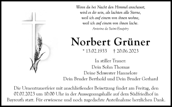 Anzeige von Norbert Grüner von Nordbayerischer Kurier