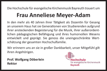 Anzeige von Anneliese Meyer-Adam von Nordbayerischer Kurier