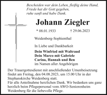 Anzeige von Johann Ziegler von Nordbayerischer Kurier