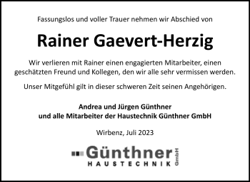 Anzeige von Rainer Gaevert-Herzig von Nordbayerischer Kurier