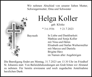 Anzeige von Helga Koller von Nordbayerischer Kurier