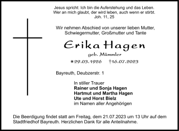 Anzeige von Erika Hagen von Nordbayerischer Kurier