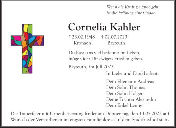 Anzeige von Cornelia Kahler von Nordbayerischer Kurier