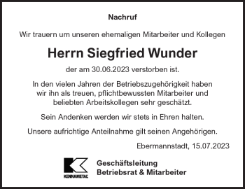 Anzeige von Siegfried Wunder von Nordbayerischer Kurier