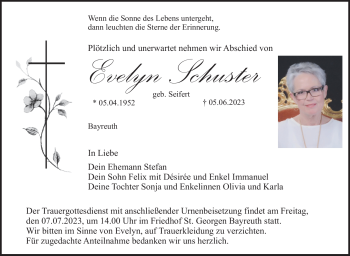 Anzeige von Evelyn Schuster von Nordbayerischer Kurier