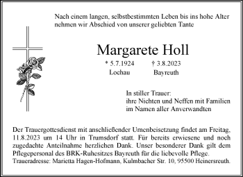 Anzeige von Margarete Holl von Nordbayerischer Kurier