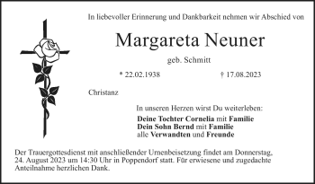 Anzeige von Margareta Neuner von Nordbayerischer Kurier