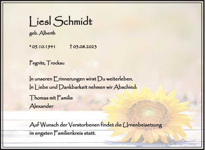  Traueranzeige für Liesl Schmidt vom 05.08.2023 aus Nordbayerischer Kurier