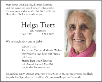 Anzeige von Helga Tietz von Nordbayerischer Kurier