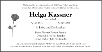 Anzeige von Helga Kassner von Nordbayerischer Kurier