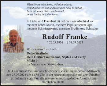 Anzeige von Rudolf Franke von Nordbayerischer Kurier